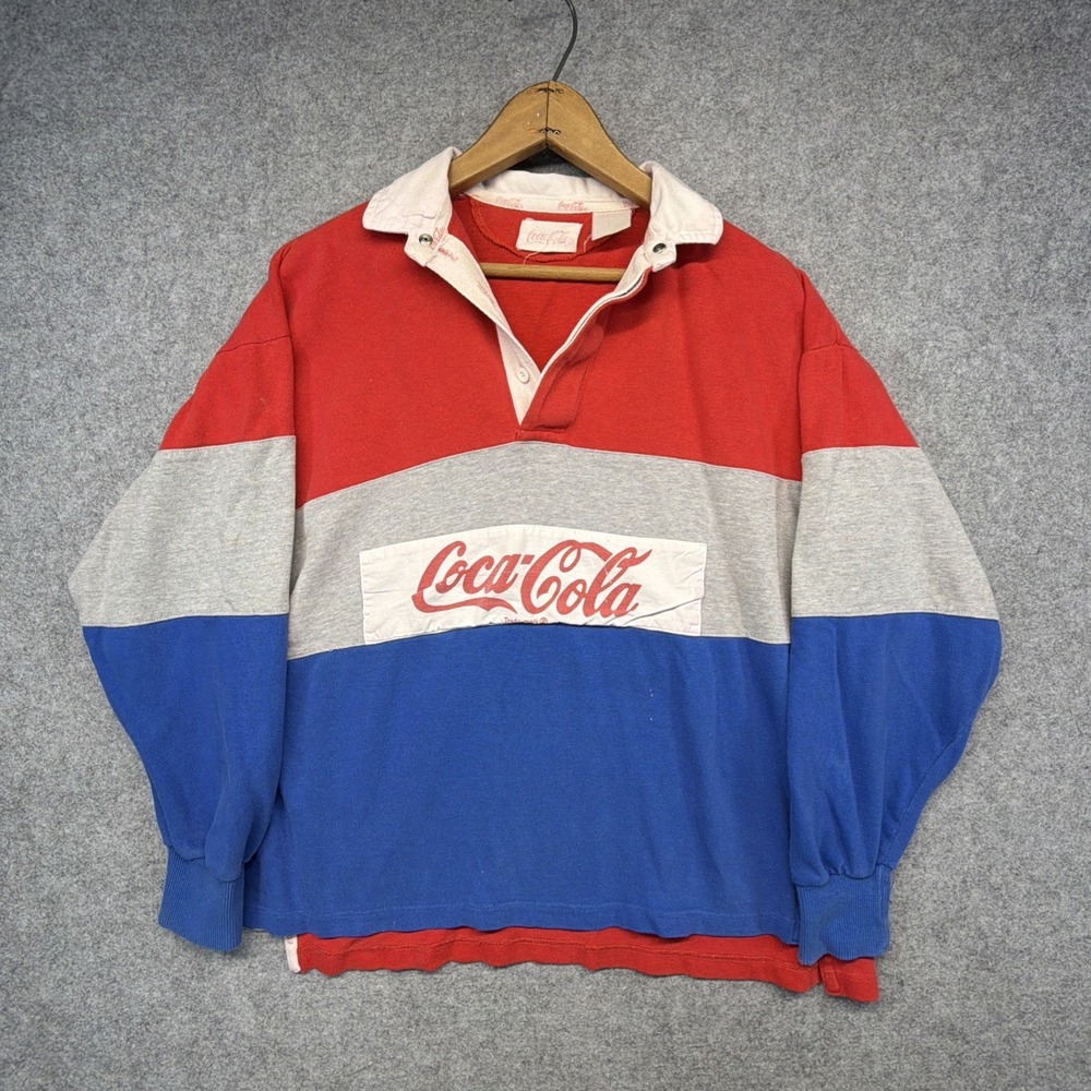 Vintage Coca Cola Rugby Long Sleeve Shirt Rare Color Medium Cropped Fit 80s